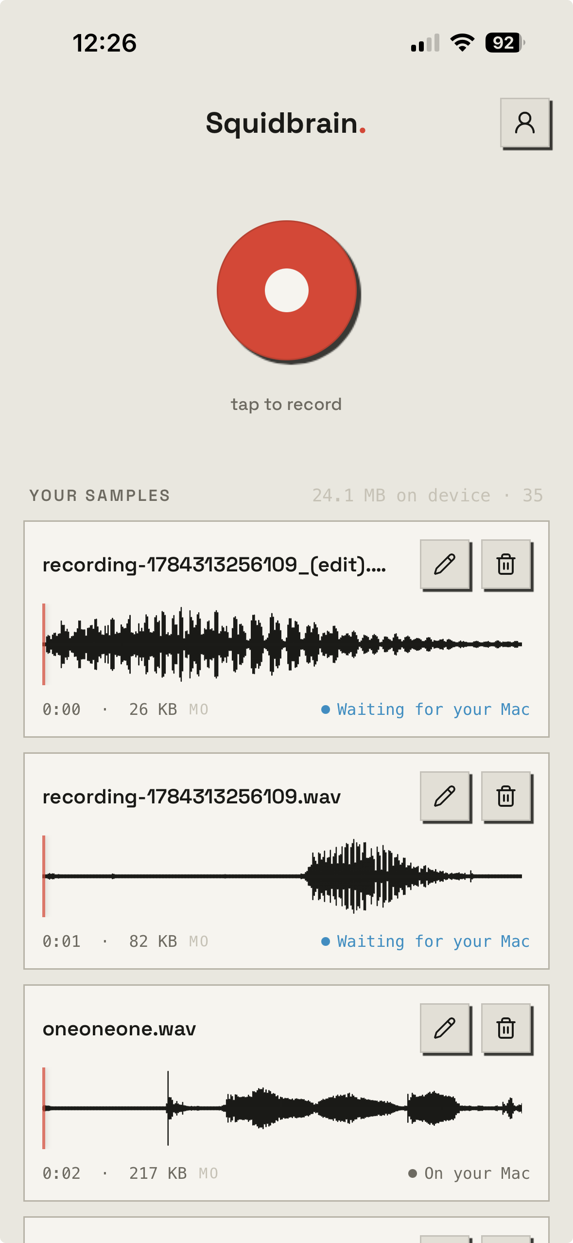 The Squidbrain mobile app, recording